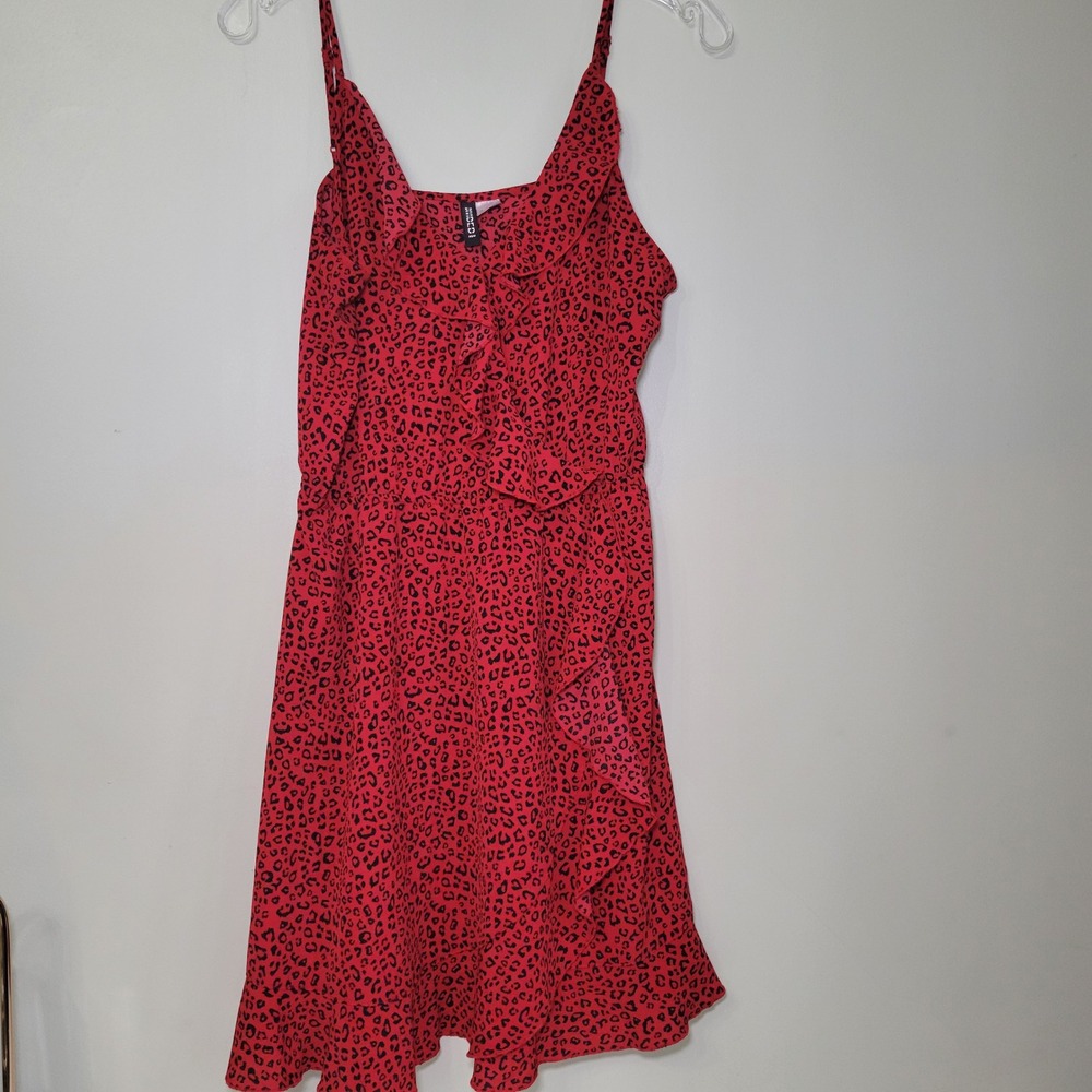 HM Divided Red Leopard Print Ruffle Mini Dress Womens 10 Adjustable Straps Edgy